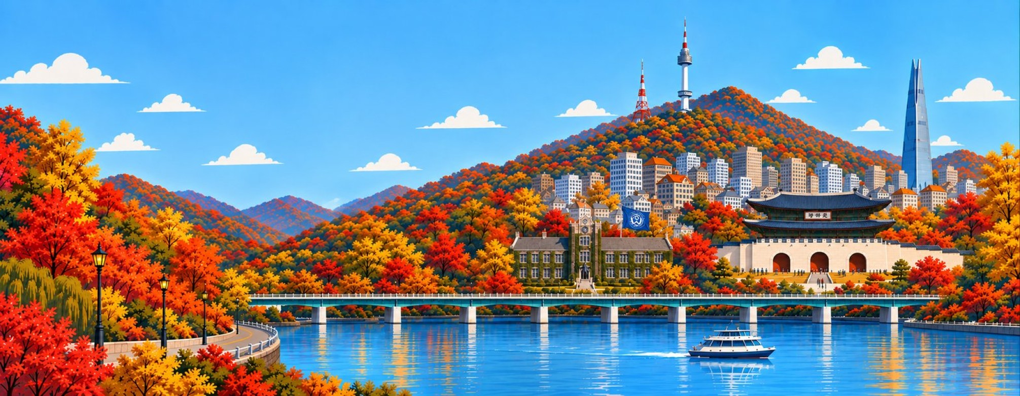 Autumn Seoul illustration with Namsan Tower, Yonsei University, Sungnyemun and the Han River